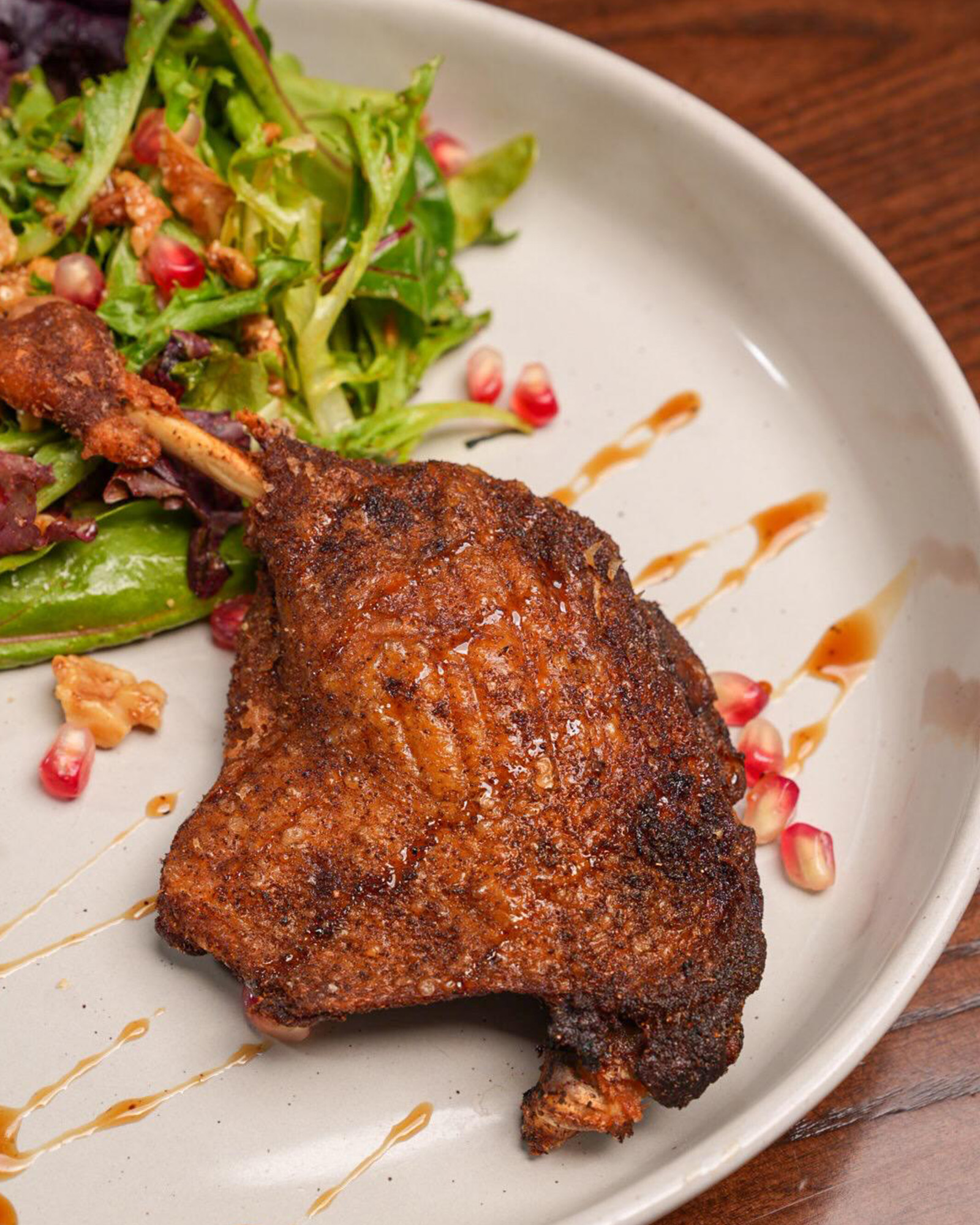 Crispy duck leg available at both locations